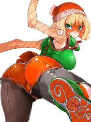 Rule 34 | 1girl, arms (game), ass, blonde hair, green eyes, hat, highres, looking at viewer, looking back, min min (arms), simple background, solo, tagme, takayama toshinori, white background