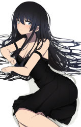 Rule 34 | 1girl, bare arms, bare shoulders, black dress, black hair, blue eyes, blush, breasts, cleavage, closed mouth, collarbone, commentary request, dress, hair between eyes, hinomaru (futagun), long hair, lying, medium breasts, on side, original, pleated dress, sleeveless, sleeveless dress, solo, very long hair, white background
