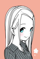 1girl, alternate hairstyle, blue eyes, blush, buttons, closed mouth, collared shirt, commentary request, disconnected mouth, dot nose, dress shirt, forehead, hair down, hair ornament, hairclip, highres, hitoribocchi no marumaru seikatsu, katsuwo (cr66g), long hair, looking at viewer, orange background, partially colored, portrait, shirt, sidelocks, smile, solo, sotoka rakita, striped, striped shirt, vertical-striped shirt, vertical stripes