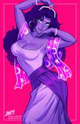 Rule 34 | 1girl, aqua eyes, arm up, artist name, black hair, border, bracelet, breasts, cleavage, collarbone, commentary, crescent print, earrings, esmeralda (disney), gypsy, highres, hoop earrings, iahfy, jewelry, large breasts, long hair, looking at viewer, makeup, parted lips, patreon username, pink background, shawl, simple background, smile, solo, star (symbol), star print, the hunchback of notre dame, twitter username