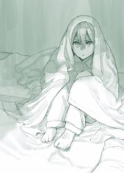 Rule 34 | 10s, 1girl, alternate costume, alternate hairstyle, barefoot, blanket, collared shirt, covering head, frown, full body, green theme, hair between eyes, highres, kantai collection, long hair, looking at viewer, monochrome, pajamas, pillow, shaded face, shirt, sitting, solo, tone (kancolle), yami (m31)