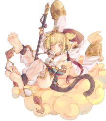 Rule 34 | 1girl, andira (granblue fantasy), animal ears, barefoot, blonde hair, breasts, chaosexceed, cleavage, detached pants, detached sleeves, feet, granblue fantasy, grin, highres, medium breasts, monkey ears, monkey girl, monkey tail, red eyes, short hair, simple background, smile, soles, solo, spread toes, staff, tail, toes, white background