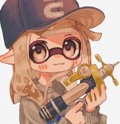 Rule 34 | 1girl, baseball cap, black hat, brown hair, closed mouth, commentary request, grey sweater, gun, hat, highres, holding, holding gun, holding weapon, inkling, inkling girl, inkling player character, long hair, nintendo, ochocho2828, pointy ears, simple background, smile, solo, splash-o-matic (splatoon), splatoon (series), splatoon 3, sweater, tentacle hair, upper body, weapon, white background
