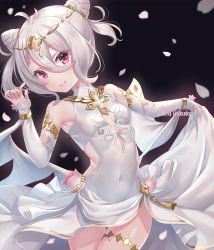 Rule 34 | 1girl, artist name, bare shoulders, black background, breasts, closed mouth, commentary request, cone hair bun, covered navel, detached sleeves, double bun, dress, flower, grey hair, hair between eyes, hair bun, hair flower, hair ornament, hakuda tofu, hand up, highres, kokkoro (ceremonial) (princess connect!), kokkoro (princess connect!), leaning to the side, long sleeves, looking at viewer, official alternate costume, petals, pink eyes, pointy ears, princess connect!, see-through, short hair, sleeveless, small breasts, smile, solo, white dress