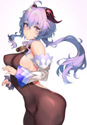 Rule 34 | 1girl, ahoge, bare shoulders, bell, blue hair, blush, bodystocking, breasts, brown legwear, detached sleeves, from side, ganyu (genshin impact), genshin impact, hareno chiame, highres, horns, large breasts, long hair, looking at viewer, neck bell, purple eyes, solo, thighs, white background
