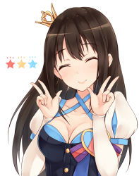 Rule 34 | 10s, 1girl, bad id, bad pixiv id, brown hair, closed eyes, crown, double v, idolmaster, idolmaster cinderella girls, long hair, mini crown, puff and slash sleeves, puffy short sleeves, puffy sleeves, shibuya rin, short sleeves, shuuichi, simple background, smile, solo, star!!, v, w