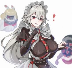 1girl alexandrina_sebastiane bangboo_(zenless_zone_zero) black_dress blurry blurry_background breasts dress grey_hair heart highres hitomin_(ksws7544) large_breasts long_hair maid maid_headdress parted_lips red_eyes simple_background smile teeth upper_body white_background zenless_zone_zero