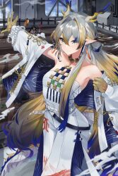 Rule 34 | 2girls, absurdres, arknights, bare shoulders, blonde hair, blue eyes, choker, coat, commentary, cowboy shot, dusk (arknights), grey hair, hair intakes, highres, horns, jewelry, long hair, long sleeves, looking at viewer, multiple girls, nanamilem, necklace, off shoulder, open clothes, open coat, pants, pointy ears, shu (arknights), siblings, sisters, smile, standing, strapless, tube top, very long hair, white coat, white pants