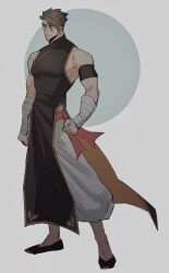 Rule 34 | 1boy, achilles (fate), alternate costume, armband, arms at sides, bandaged arm, bandages, black armband, black footwear, chinese clothes, closed mouth, dress, fate/grand order, fate (series), grey background, haruakira, highres, large pectorals, looking ahead, male focus, muscular, muscular male, pants, pectorals, red eyes, short hair, sidepec, white pants