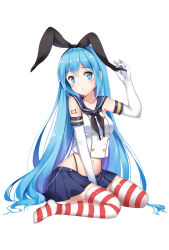 Rule 34 | 10s, 1girl, arm up, bad id, bad pixiv id, black neckerchief, black panties, black ribbon, blue eyes, blue hair, buttons, collarbone, cosplay, crossover, double-breasted, douya (233), elbow gloves, eyebrows, full body, gloves, hair ribbon, hairband, hatsune miku, head tilt, highres, horizontal-striped legwear, kantai collection, long hair, matching hair/eyes, navel, neckerchief, panties, pleated skirt, ribbon, school uniform, serafuku, shimakaze (kancolle), shimakaze (kancolle) (cosplay), shirt, simple background, sitting, skindentation, skirt, sleeveless, sleeveless shirt, solo, stomach, striped clothes, striped thighhighs, tareme, tattoo, thighhighs, thong, twintails, underwear, very long hair, vocaloid, wariza, white background, white gloves, white shirt, zettai ryouiki