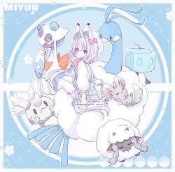 Rule 34 | 1girl, altaria, animal ear fluff, animal ears, asa no ha (pattern), backpack, bag, beret, bird, blue background, blush, bow, cloud, commentary, coral, corsola, creatures (company), deviantart username, eiscue, english commentary, facebook username, flower, fox ears, froslass, galarian corsola, galarian form, game freak, gen 2 pokemon, gen 3 pokemon, gen 4 pokemon, gen 5 pokemon, gen 8 pokemon, ghost, grey hair, hair bow, hat, highres, holding, holding poke ball, ice, ice cube, long hair, long sleeves, looking at viewer, low twintails, minccino, miyuu (roku21), nintendo, on cloud, original, penguin, pink bow, pink eyes, poke ball, poke ball print, pokemon, pokemon (creature), premier ball, puffy long sleeves, puffy sleeves, roku21, sheep, shirt, sitting, skirt, solo, toyhouse username, twintails, twitter username, very long hair, white bag, white hat, white legwear, white shirt, white skirt, wooloo