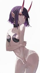 Rule 34 | 1girl, absurdres, bare shoulders, bob cut, breasts, collarbone, detached collar, eyeliner, fate/grand order, fate (series), headpiece, highres, horns, koko sasuwo, looking at viewer, makeup, navel, oni, panties, pointy ears, purple eyes, purple hair, revealing clothes, short hair, shuten douji (fate), skin-covered horns, small breasts, solo, underwear, white panties
