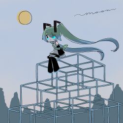 Rule 34 | 1girl, aqua eyes, black footwear, black sleeves, boots, commentary, detached sleeves, english text, evening, floating hair, full moon, green hair, green necktie, grey shirt, hair ornament, hatsune miku, highres, jungle gym, long hair, long sleeves, moon, nano 393, necktie, shirt, sitting, solo, twintails, very long hair, vocaloid, wide shot