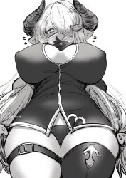 Rule 34 | 1girl, absurdres, akano yomi, blush, breasts, cleavage, clothing cutout, covered erect nipples, draph, gloves, granblue fantasy, greyscale, hair ornament, hair over one eye, highres, horns, interlocked fingers, large breasts, long hair, looking at viewer, mask, monochrome, mouth mask, narmaya (granblue fantasy), panties, pointy ears, simple background, solo, tears, thick thighs, thigh strap, thighhighs, thighs, underwear, very long hair, white background
