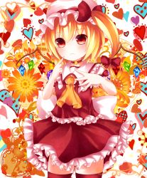 Rule 34 | 1girl, ascot, bad id, bad pixiv id, bell, blonde hair, blush, bow, choker, cowboy shot, finger to face, flandre scarlet, floral background, frilled skirt, frills, frown, hair bow, hat, hat ribbon, heart, heart background, highres, jingle bell, looking at viewer, mob cap, red eyes, red thighhighs, revision, ribbon, rinne (kouheiramia), short hair, short sleeves, side ponytail, skirt, skirt set, solo, spread fingers, thighhighs, touhou, white background, wings, zettai ryouiki