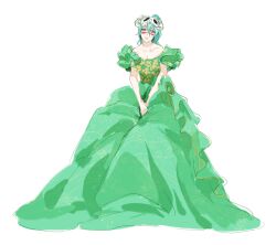 Rule 34 | 1girl, alternate hairstyle, arrancar, bare shoulders, bleach, braised goose, breasts, broken mask, cleavage, closed mouth, collarbone, dress, facial mark, frilled dress, frills, full body, gown, green dress, green hair, hair between eyes, hair ornament, high ponytail, highres, horned mask, lips, mask, nelliel tu odelschwanck, off-shoulder dress, off shoulder, skull mask, smile, solo, v arms, white background, yellow eyes
