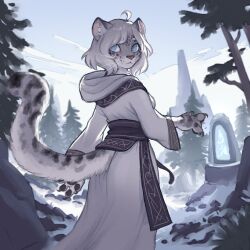 Rule 34 | 1girl, ahoge, blue eyes, building, closed mouth, clothing cutout, commentary, day, dress, english commentary, feet out of frame, from behind, furry, furry female, highres, hood, hood down, long sleeves, looking back, original, outdoors, sash, short hair, sky, snow, snow leopard girl, solo, swept bangs, tail, tail through clothes, tateoftot, white dress, white hair