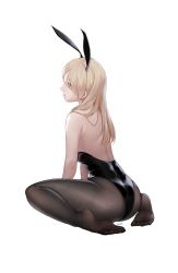 Rule 34 | 1girl, abi (kabe), absurdres, animal ears, back, bare shoulders, between legs, black leotard, black pantyhose, blonde hair, breasts, fake animal ears, from behind, full body, hair flowing over, hand between legs, highres, leotard, long hair, looking away, no shoes, original, pantyhose, playboy bunny, rabbit ears, see-through, simple background, sitting, soles, solo, strapless, strapless leotard, wariza, white background, yellow eyes