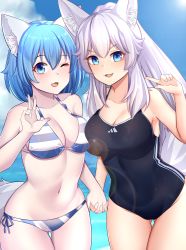Rule 34 | 2girls, absurdres, animal ear fluff, animal ears, bare shoulders, bikini, blue eyes, blue hair, breasts, cleavage, collarbone, commentary, day, english commentary, highres, holding hands, indie virtual youtuber, interlocked fingers, long hair, looking at viewer, lumi (merryweather), multiple girls, navel, ocean, one eye closed, open mouth, outdoors, second-party source, sidelocks, striped bikini, striped clothes, swimsuit, tail, v, virtual youtuber, water, white hair, wolf ears, wolf girl, wolf tail, wolfy, wolfychu, zeroyama