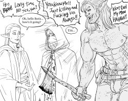 Rule 34 | 3boys, :d, axe, bad id, bara, bb (baalbuddy), belt, belt pouch, blood, bloody weapon, bulge, cloak, commentary, elf, emphasis lines, english commentary, english text, facial hair, greyscale, grin, height difference, highres, holding, holding weapon, hood, hood down, hood up, hooded cloak, inactive account, kunai, mask, monochrome, mouth mask, multiple belts, multiple boys, open mouth, original, pants, pointy ears, pouch, robe, simple background, smile, stubble, topless male, weapon, white background