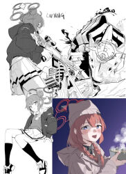 Rule 34 | 1girl, ahoge, arm support, binah (blue archive), blue archive, blue eyes, blush, braid, cardigan, collared shirt, double bun, finger on trigger, general dynamics lwmmg, hair bun, halo, invisible chair, jacket, kneehighs, long hair, long sleeves, maki (blue archive), maki (camp) (blue archive), multiple views, open clothes, open jacket, open mouth, pleated skirt, red hair, school uniform, shirt, shoes, sidelocks, sitting, skirt, sneakers, socks, steam, twin braids, umiwashi