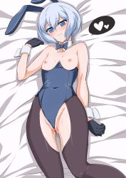 Rule 34 | 10s, 1girl, alternate costume, animal ears, bare shoulders, black gloves, black pantyhose, blue eyes, blush, bow, bowtie, breasts, covered navel, detached collar, fake animal ears, gloves, gundam, gundam build fighters, gundam build fighters try, haruhisky, heart, highres, kijima shia, leotard, looking at viewer, lying, nipples, on back, pantyhose, partially visible vulva, playboy bunny, rabbit ears, short hair, silver hair, small breasts, solo, spoken heart, torn clothes, torn pantyhose, wedgie, wrist cuffs