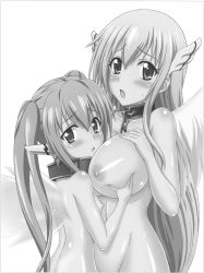 Rule 34 | 2girls, :o, age difference, angel wings, astraea (sora no otoshimono), blonde hair, blue eyes, blue hair, blush, breast hold, breasts squeezed together, breasts, chain, collar, eiji, greyscale, hair ornament, highres, large breasts, long hair, looking back, monochrome, multiple girls, nipples, nude, nymph (sora no otoshimono), open mouth, red eyes, sora no otoshimono, sweat, twintails, wings, yuri
