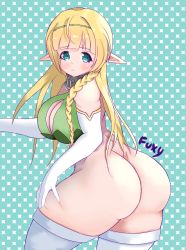 Rule 34 | 1girl, absurdres, ass, blonde hair, blush, breasts, collar, elf, fuxy, gloves, green eyes, hairband, highres, isekai maou to shoukan shoujo no dorei majutsu, large breasts, long hair, looking at viewer, pointy ears, pout, shera l. greenwood, solo, thighhighs