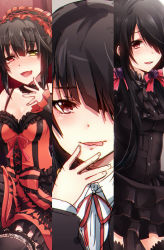 Rule 34 | 10s, 1girl, :d, bare shoulders, black hair, blush, bow, bowtie, breasts, choker, cleavage, date a live, detached sleeves, dress, fingers to chin, flower, garter straps, gothic lolita, grey background, hair flower, hair ornament, hair over one eye, hairband, hand on own chin, heterochromia, keita (tundereyuina), layered dress, licking lips, lolita fashion, lolita hairband, long hair, long sleeves, looking at viewer, medium breasts, open mouth, red bow, red bowtie, red dress, red eyes, ribbon, ribbon choker, rose, smile, solo, thighhighs, tokisaki kurumi, tongue, tongue out, tsurime, twintails, yellow eyes, zettai ryouiki