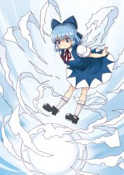 Rule 34 | 1girl, blue eyes, blue hair, blush, bow, cirno, dress, frown, hair bow, mary janes, matching hair/eyes, nosuku, shoes, short hair, solo, touhou, wings