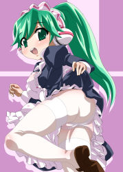 Rule 34 | 1girl, android, apron, artist request, ass, blush, breasts, charu (saru getchu), clothes lift, covered erect nipples, dress, dress lift, female focus, frills, green eyes, green hair, leg lift, long hair, looking back, maid, maid apron, maid headdress, matching hair/eyes, nori (akusei shinseibutsu), open mouth, panties, pantyhose, ponytail, robot ears, saru getchu, shoes, solo, underwear, white panties, white pantyhose