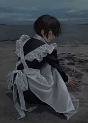 Rule 34 | 1boy, apron, beach, black dress, black hair, burying, closed eyes, corpse, crossdressing, dress, facing to the side, frilled apron, frills, full body, highres, implied murder, juliet sleeves, kneeling, light smile, long sleeves, maid, maid apron, male focus, ocean, original, outdoors, overcast, puffy sleeves, sand, shore, short hair, sky, solo, vumiposu, white apron