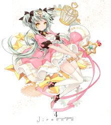Rule 34 | 1girl, aqua hair, bow, cage, circle skirt, dress, frills, full body, gears, gem, hair bow, hair ornament, high heels, juna, key, long hair, looking at viewer, octagram, original, pentagram, ribbon, simple background, solo, text focus, thighhighs, two side up, white thighhighs, yellow eyes, zettai ryouiki