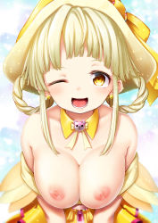 Rule 34 | 1girl, bang dream!, blonde hair, breasts, breasts out, collarbone, earrings, getsuyou yasumi, hat, highres, jewelry, large breasts, magical girl, neck ribbon, nipples, one eye closed, open mouth, ribbon, shiny skin, sparkle, teeth, tongue, tsurumaki kokoro, wink, witch hat, yellow ribbon
