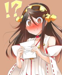 Rule 34 | !?, 10s, 1girl, @ @, blush, brown eyes, brown hair, choker, detached sleeves, full-face blush, hair ornament, hairband, hairclip, haruna (kancolle), heart, heart-shaped lock, holding, kantai collection, long hair, nontraditional miko, paper, simple background, solo, sweat, tsukui kachou