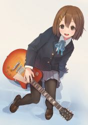 Rule 34 | 1girl, arm support, black pantyhose, blue background, blue jacket, blue ribbon, bob cut, brown eyes, brown footwear, brown hair, clip studio paint (medium), collared shirt, commentary request, electric guitar, full body, gibson les paul, gradient background, grey skirt, guitar, hair between eyes, hair ornament, hairclip, highres, hirasawa yui, instrument, jacket, k-on!, long sleeves, looking at viewer, looking up, medium hair, neck ribbon, open mouth, pantyhose, pleated skirt, ribbon, school uniform, shirt, shoes, sitting, skirt, smile, solo, tabata mihira, teeth, upper teeth only, white background, white shirt