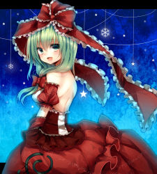 Rule 34 | 1girl, adapted costume, backless dress, backless outfit, bad id, bad pixiv id, bare back, bare shoulders, bow, dress, female focus, frills, from behind, front ponytail, green eyes, green hair, hair bow, hair ornament, hair ribbon, highres, kagiyama hina, lace, long hair, looking back, matching hair/eyes, open mouth, red dress, ribbon, shoulder blades, smile, snowflakes, solo, touhou, tsukiriran