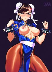 Rule 34 | 1girl, abs, abs peek, anger vein, angry, blue dress, blush, bracelet, breast cutout, breasts, breasts out, brown eyes, brown hair, brown pantyhose, bun cover, capcom, china dress, chinese clothes, chun-li, clenched hands, closed mouth, cowboy shot, double bun, dress, earrings, embarrassed, frown, hair bun, halftone, jewelry, large breasts, looking at viewer, nipple piercing, nipples, no bra, pantyhose, pelvic curtain, piercing, puffy short sleeves, puffy sleeves, purple background, sash, short sleeves, signature, simple background, solo, spiked bracelet, spikes, street fighter, stud earrings, sweat, thick thighs, thighs, toned, websake