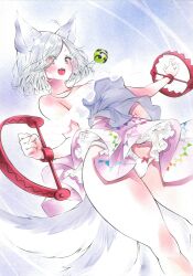 Rule 34 | 1girl, absurdres, animal ears, arim0k0, bear trap, commentary, extra tails, grey hair, highres, jewelry, legs, looking at viewer, marker (medium), mitsugashira enoko, panties, pendant, red eyes, short hair, solo, tail, touhou, traditional media, underwear, white panties, wolf ears, wolf girl, wolf tail