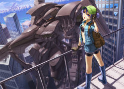 Rule 34 | 03-aaliyah, 1girl, armored core, armored core: for answer, armored core 4, backpack, bag, bike shorts, black gloves, blue eyes, blue hair, blush, boots, building, city, crossover, fence, gloves, hair bobbles, hair ornament, hat, headset, kawashiro nitori, kurione (zassou), matching hair/eyes, mecha, open mouth, robot, shadow, short hair, shorts, sky, sleeves rolled up, solo, spirit of motherwill, supplice, touhou, twintails, water