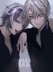 Rule 34 | 2boys, arm around shoulder, arm on another&#039;s shoulder, black shirt, blue eyes, chain, chain, character name, collared shirt, commentary request, earrings, eyelashes, fuwa minato, gold chain, grey hair, highres, jewelry, kaida haru, kan no juusu, looking at viewer, male focus, multicolored hair, multiple boys, necklace, nijisanji, open collar, pink hair, purple eyes, purple hair, ring, shirt, smile, streaked hair, tongue, tongue out, upper body, virtual youtuber