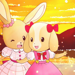 Rule 34 | 1980s (style), 2girls, rabbit, dog, dress, furry, furry female, happy, maple town, multiple girls, oldschool, one eye closed, patty (maple town), retro artstyle, rolly (maple town), smile, sunset