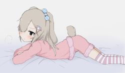 1girl @_@ animal_ears ass_raised bed crossed_arms feet_out_of_frame female_focus hair_ornament looking_at_viewer pajamas rabbit_ears rabbit_tail socks solo striped_clothes striped_socks vreparty