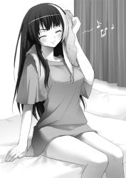 Rule 34 | 1girl, bad id, bad pixiv id, bottomless, breasts, covered erect nipples, closed eyes, greyscale, kimishima ao, large breasts, long hair, monochrome, multicolored hair, musical note, no pants, original, sitting, solo, towel, two-tone hair
