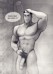 Rule 34 | 1boy, abs, bara, bathroom, body hair, foreskin, hyakujuu-ou golion, large penis, looking at viewer, male focus, muscular, nude, pectorals, penis, shower, smile, solo, spacebaddy, steam, takashi shirogane, testicles, text focus, voltron, water, wet