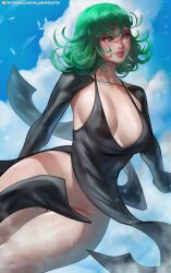 1girl absurdres blush blushed_arts bottomless breasts convenient_censoring curvy female_focus freckles green_eyes green_hair highres large_breasts lips matching_hair/eyes one-punch_man short_hair solo sweat tatsumaki thick_thighs thigh_gap thighs wide_hips