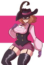 Rule 34 | 10s, 1girl, black thighhighs, blush, breasts, brooch, brown eyes, brown hair, corset, feathers, frills, garter straps, gloves, hat, hat feather, jewelry, long sleeves, mask, okumura haru, persona, persona 5, pink background, puffy long sleeves, puffy sleeves, scruffyturtles, short hair, shorts, simple background, skindentation, solo, thighhighs, thighs, tight clothes, white background