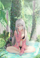 Rule 34 | 1girl, absurdres, against tree, bad id, bad pixiv id, barefoot, bikini, black bikini, blush, clothes down, collarbone, day, forest, full body, hair between eyes, hair ornament, hairclip, highres, indian style, jacket, jenmin12, long hair, looking at viewer, nature, navel, open clothes, open jacket, open mouth, original, outdoors, pink jacket, red eyes, silver hair, sitting, solo, straight hair, sunlight, swimsuit, tree, very long hair, water surface