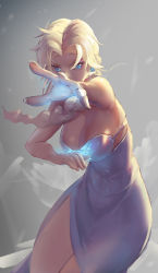 Rule 34 | 1girl, blonde hair, blue dress, blue eyes, braid, capelet, cowboy shot, dress, elsa (frozen), frozen (disney), glowing, glowing eyes, grey background, long hair, looking at viewer, monochrome background, off shoulder, outstretched arm, reaching, reaching towards viewer, serious, simple background, single braid, sketch, sky of morika, solo