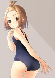 Rule 34 | 1girl, ass, black one-piece swimsuit, brown eyes, cowboy shot, forehead, from behind, grey background, highres, light brown hair, old school swimsuit, one-piece swimsuit, original, school swimsuit, shibacha, short hair, simple background, smile, solo, swimsuit, topknot